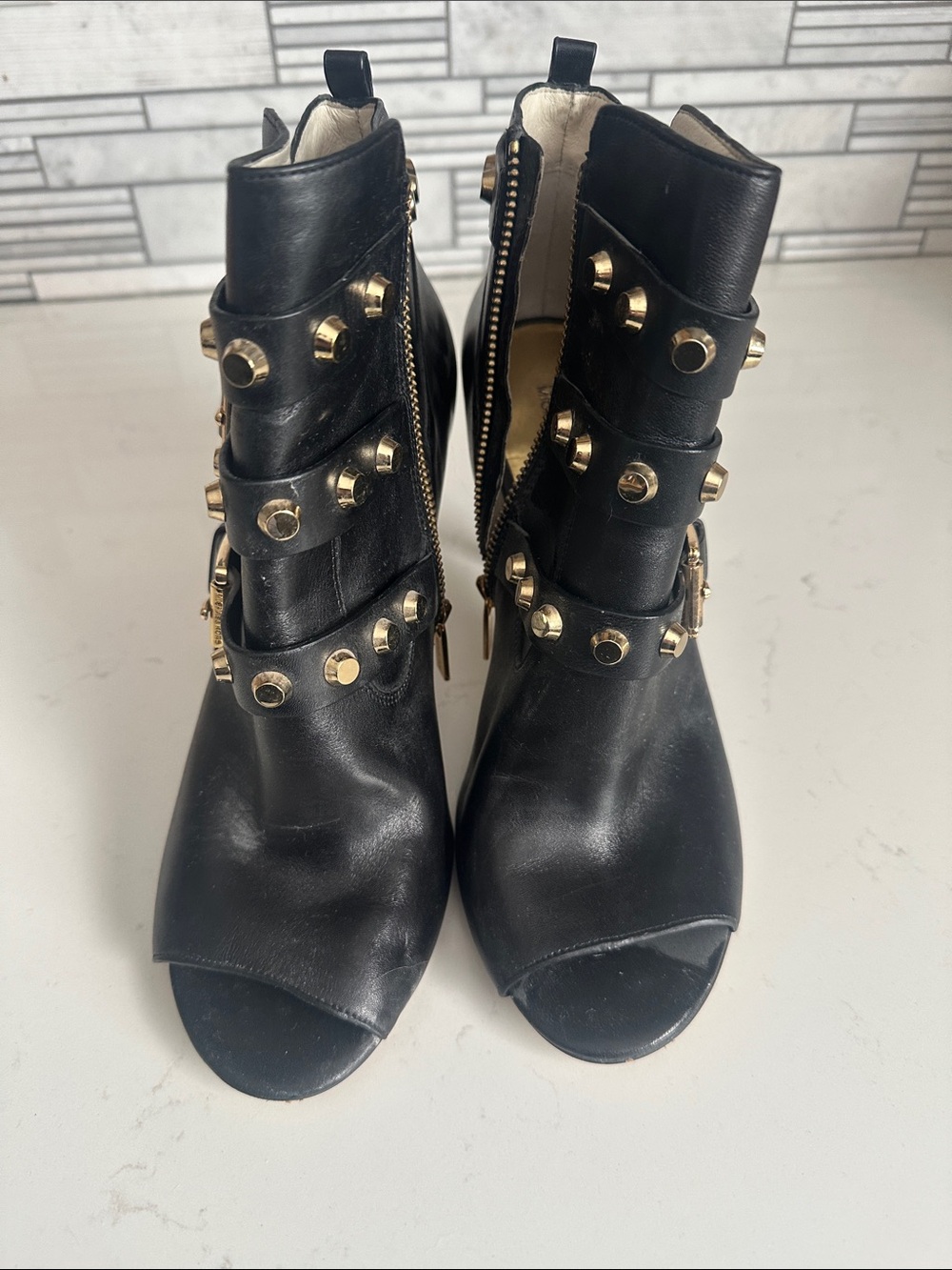 Michael Kors Black Leather Open-Toe Studded Ankle Booties with Gold Accents